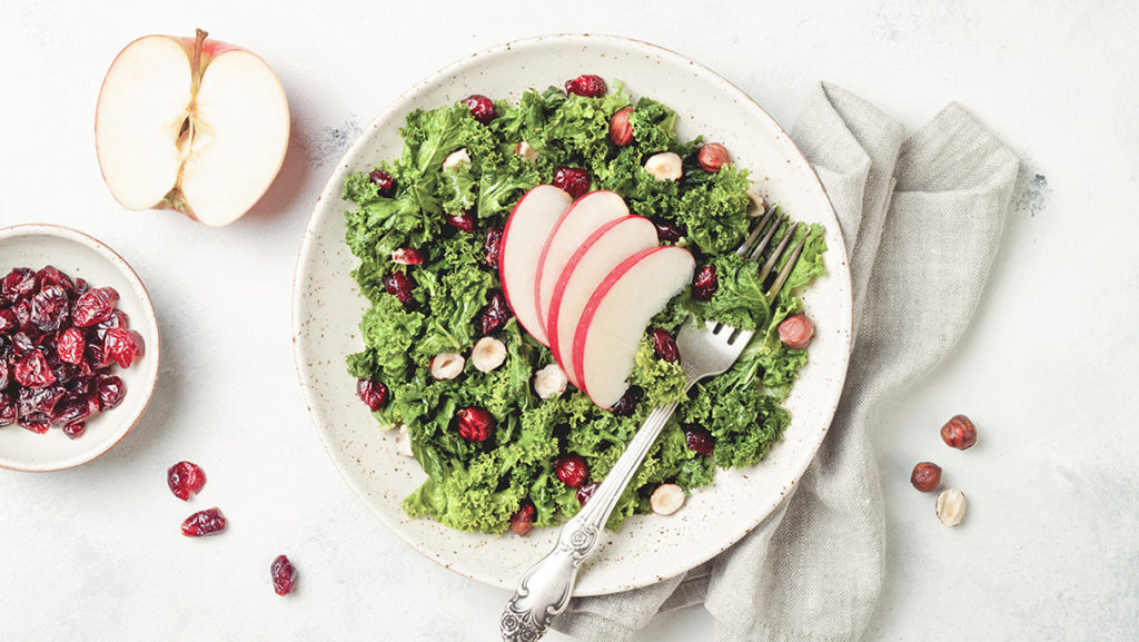 Kale salad in a bowl with dried cranberry, hazelnuts and sliced apple